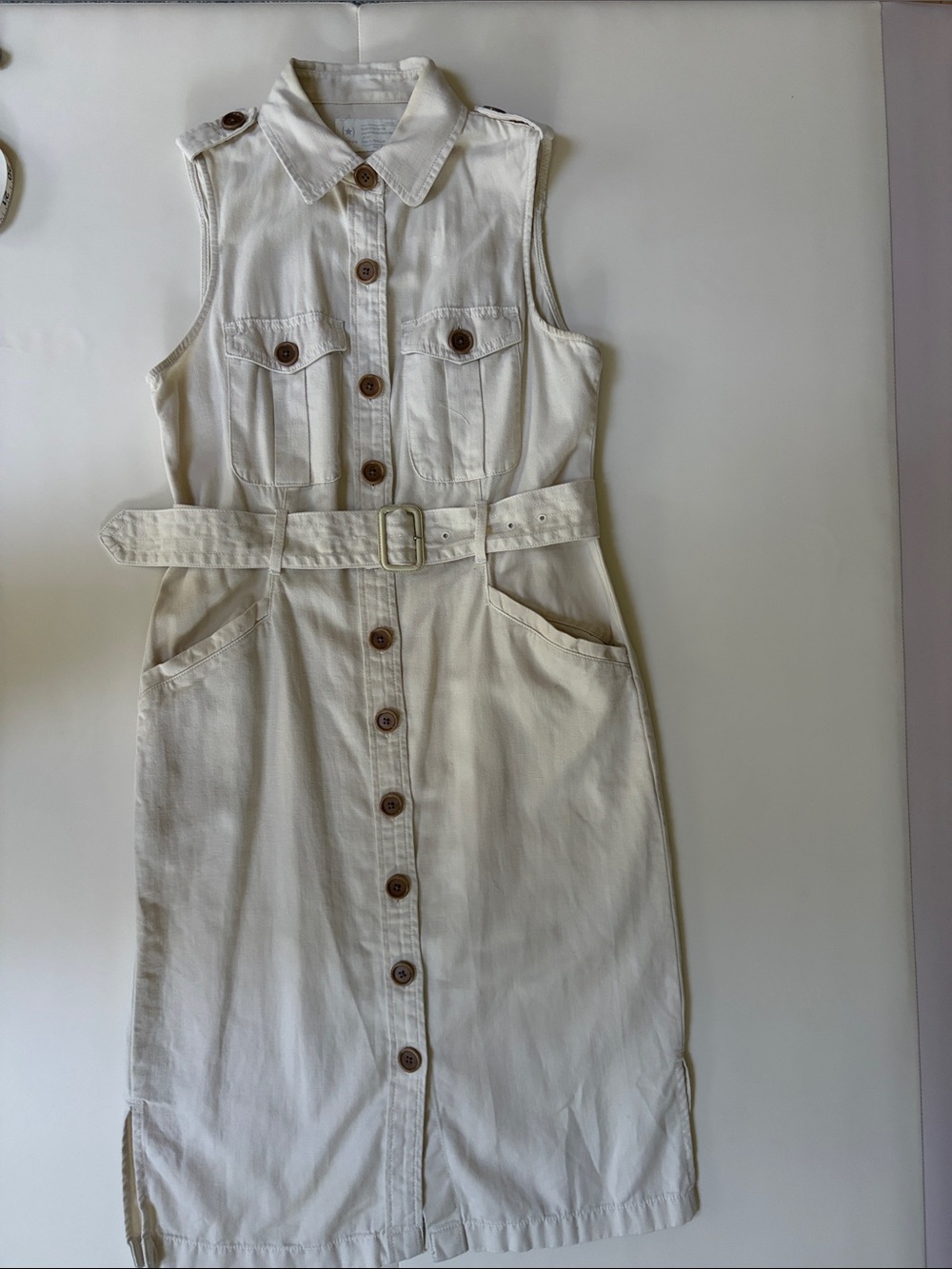 Sleeveless Belted Button-Front Casual Dress in Cream